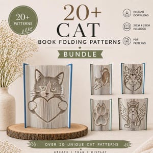 Könnte beinhalten: Ein digitales Paket mit über 20 Buchfaltmustern zum Thema Katzen, darunter eine Katze mit Herz, eine sich streckende Katze, eine florale Katze, ein Pfotenabdruck und eine Engel-Katze. Der Text lautet 20+ CAT BOOK FOLDING PATTERNS BUNDLE.