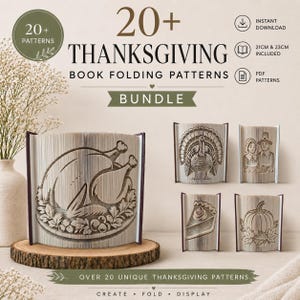 Könnte beinhalten: Ein digitales Bündel mit über 20 Buchfaltmustern für Thanksgiving, darunter ein Truthahn, Pilger, ein Stück Kuchen und ein Kürbis. Der Text lautet 20+ THANKSGIVING BOOK FOLDING PATTERNS BUNDLE, INSTANT DOWNLOAD, 21CM & 23CM INCLUDED, PDF PATTERNS.