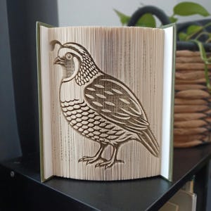 Op de afbeelding: Een gevouwen boekkunstsculptuur met een gedetailleerd silhouet van een kwartel. De pagina's zijn nauwkeurig gevouwen om de vorm van de vogel te creëren, waarbij de natuurlijke beige kleur van het papier contrasteert met de donkere, gedefinieerde vouwranden.