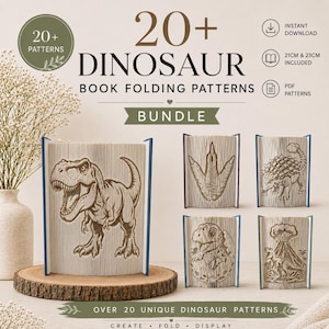 Peut inclure: Un ensemble numérique de plus de 20 modèles de pliage de livres sur le thème des dinosaures, incluant un T-Rex, une empreinte, un ankylosaure, un œuf et un volcan. Le texte indique 20+ DINOSAUR BOOK FOLDING PATTERNS BUNDLE, 21CM & 23CM INCLUDED.