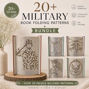 Peut inclure: Un ensemble numérique de plus de 20 modèles de pliage de livres militaires comprenant un soldat au salut, des plaques d'identité, un hélicoptère, un soldat avec un drapeau et un sceau militaire. Inclut des tailles de 21cm et 23cm en format PDF.