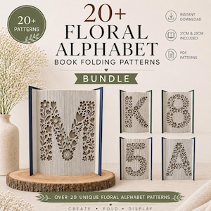 May include: A bundle of floral alphabet book folding patterns. The image shows several examples of the patterns, including the letters M, K, 8, 5, and A, each with a floral design. The text on the image says "20+ Floral Alphabet Book Folding Patterns".