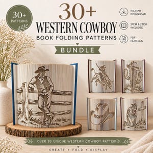 Peut inclure: Un ensemble numérique de plus de 30 modèles de pliage de livres sur le thème du western, incluant un cow-boy appuyé sur une clôture, un cavalier de taureau, un cactus, un chapeau et une personne agenouillée. Inclut des PDF pour livres 21cm et 23cm.