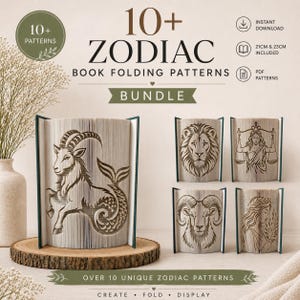 May include: A digital bundle of 10+ zodiac book folding patterns featuring text that reads 10+ ZODIAC BOOK FOLDING PATTERNS BUNDLE. The image displays five examples of folded books showing Capricorn, Leo, Libra, Aries, and Virgo zodiac signs.