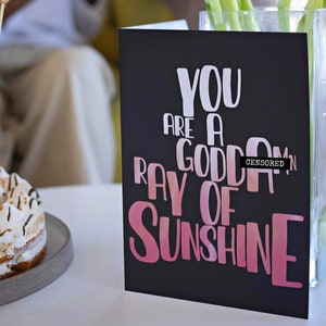 May include: A black card with pink and white text that reads "You are a goddamn ray of sunshine".