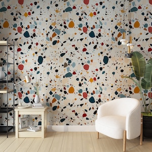Rainbow Terrazzo Wallpaper, Kitchen and Bathroom Wall Art, Colorful Wall Mural, White Terrazzo Pattern, Peel and Stick Wallpaper