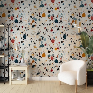 Rainbow Terrazzo Wallpaper | Kitchen and Bathroom Wall Art | Colorful Wall Mural | White Terrazzo Pattern | Peel and Stick Wallpaper