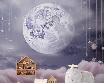 Heller Mond Wallpaper | Kinderzimmer und Mädchenzimmer Wandbild Dekor, Schälen und Stick Vlies und Vinyl, abnehmbar, Sternentapete