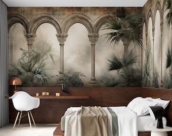 Roman Column Mural Wallpaper, Exotic Plants Wall Art Living Room and Dining Room Mural Decor, Peel and Stick, Re-gluable