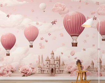 Pink Balloons Wallpaper, Watercolor Nursery and Kids Room Decoration, Peel and Stick, One Piece, Baby Girl Nursery