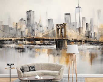 Landschapsbehang, Brooklyn Bridge aquarel Art Mural Decor voor Home & Office Wall, Peel Stick en One Piece, Bekijk Wallpaper