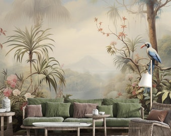 Tropical Jungle Landscape Wallpaper, Bird and Palm Trees Mural Decor, Peel Stick and One Piece, Large Palm Wallpaper