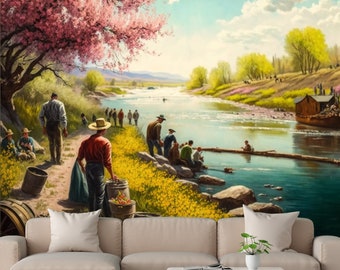 Een uniek landschap met mensen aan de rivier en lentebomen Behang, Peel and Stick, textielvinyl, niet-geweven opties