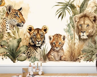 Leuk Safari Lion Family behang, kinder- en kinderkamer muurschildering, dierenbehang, uit één stuk en verwijderbaar