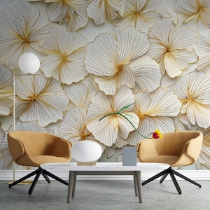 Papier peint à fleurs, décoration murale 3D fleurs blanches et or, non tissé et vinyle autocollant, papier peint esthétique