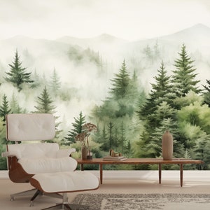 Foggy Forest Wallpaper, Tropical Landscape Mural Decor for Bedroom, Living Room, Forest Wall Mural, Peel Stick and One Piece