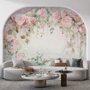 Hanging Peony Flower Wallpaper / Watercolor Floral Boho Mural Decor / Peel and Stick & One Piece / Removable