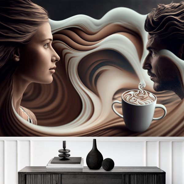 Man and Woman Illustration Wallpaper for Cafe and Restaurant, Coffee Art, Modern Cafe Wall Decor - Peel and Stick, Nonwoven, Textile Vinyl