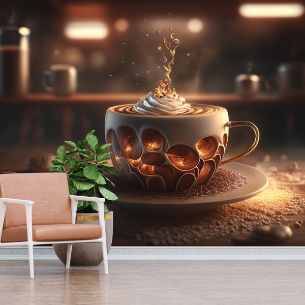 3D Coffee and Cup Illustration Wallpaper for Cafe and Restaurant, Modern Cafe Wall Decor - Peel and Stick, Nonwoven, Textile Vinyl Options