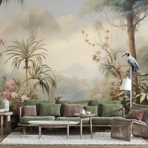 Tropical Jungle Landscape Wallpaper, Bird and Palm Trees Mural Decor, Peel Stick and One Piece, Large Palm Wallpaper