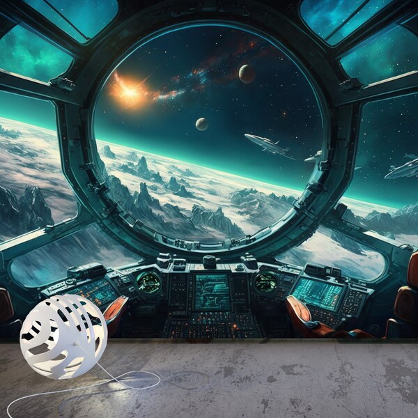 Spaceship View Wallpaper, for Games room, Bedroom, Kids Room and Office - Peel and Stick, Textile Vinyl, Nonwoven Paper Options