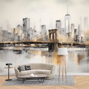 Landscape Wallpaper, Brooklyn Bridge Watercolor Art Mural Decor for Home & Office Wall, Peel Stick and One Piece, View Wallpaper