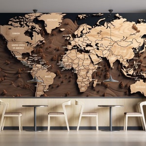 3D Wooden World Map Wallpaper / Countries Removable Home & Office Mural Decor / Peel and Stick, Nonwoven, Textile Vinyl / Easy Apply