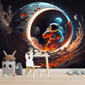 Carta da parati con astronauti, carta da parati con astronauti sulla luna per bambini e cameretta dei bambini, carta da parati con spazio, decalcomania da parete con spazio, murale con galassia