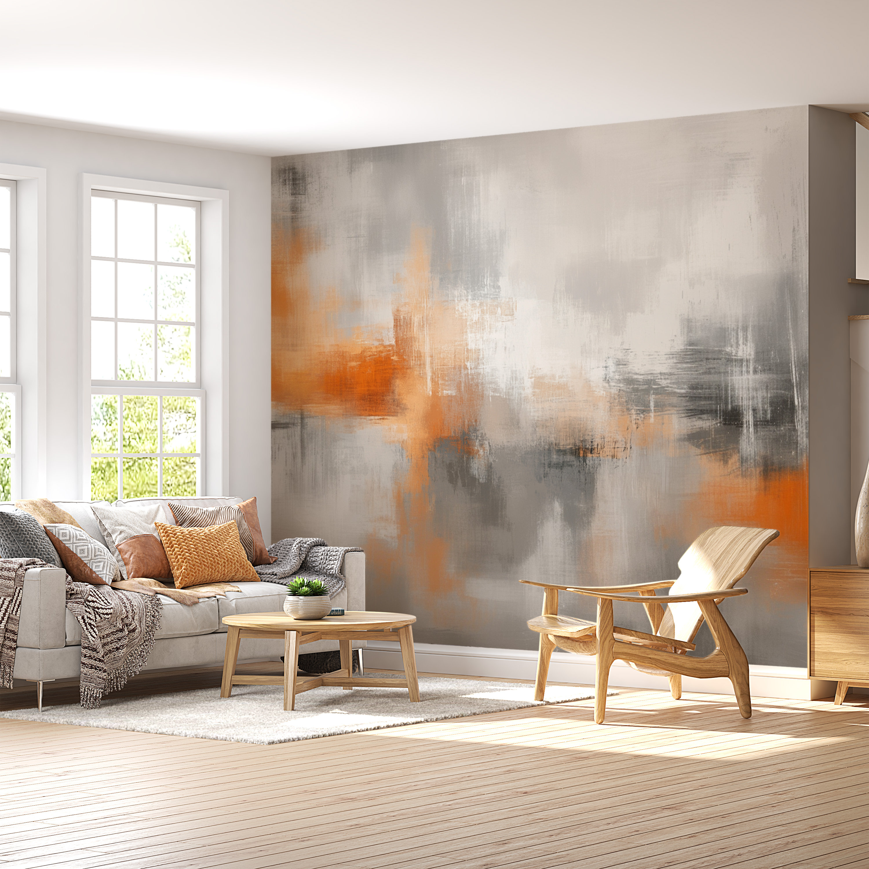 Orange and Gray Oil Painting Textured Wallpaper, Beige Brush Wall Mural, Oil Painting Textured Wall Art