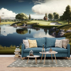 Golf Course Landscape Wallpaper - Beautiful View of Lake Wall Mural Art Wall Decor - Peel and Stick, Nonwoven, Textile Vinyl Material Decals