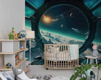 Spaceship View Wallpaper, Planets Wallpaper, Adventure Wallpaper, Boys Wallpaper, Galaxy Wall Decal, Spaceship Mural, Planets and Stars