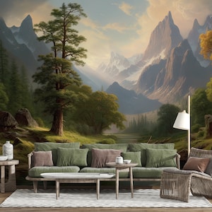 Vintage Mountain and River Landscape Wallpaper, Retro Rural Painting Wall Mural, Countryside Scenic Wall Mural, Watercolor Woodland Wall Art