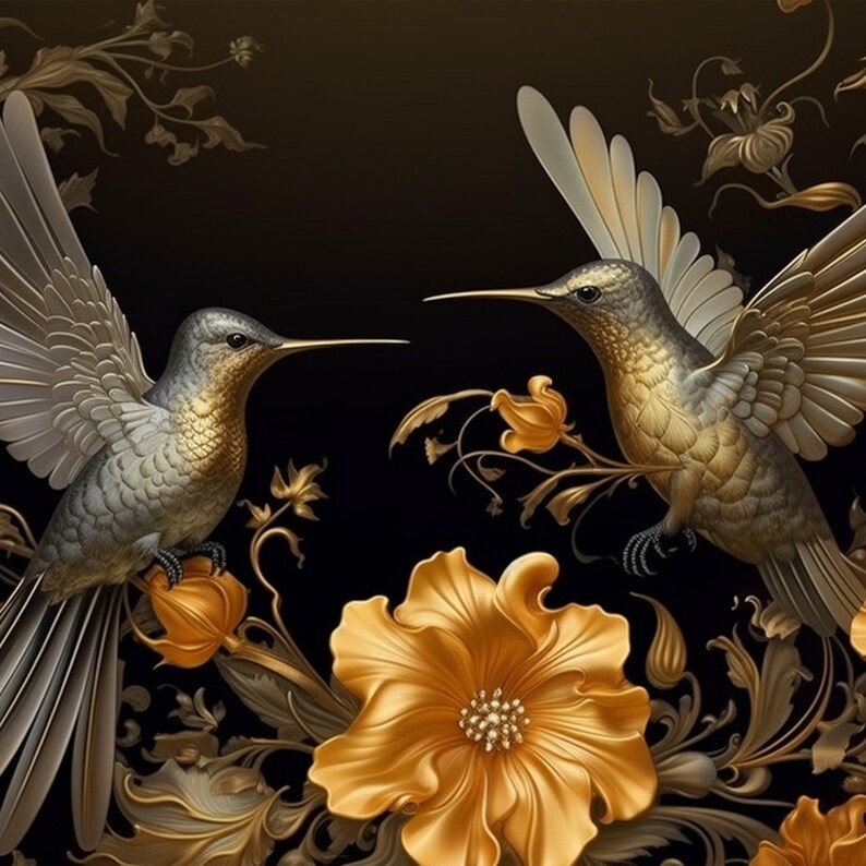 3D Vogel-Tapete: Kolibri-Wandbild Gold-Blumen-Poster Einfach anzubringende Luxus-Tapete Bild 1