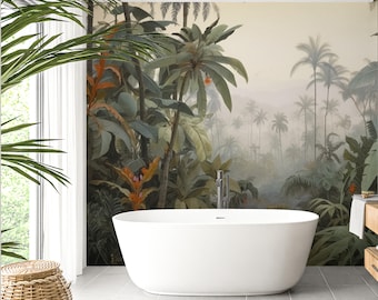 May include: A white bathtub sits in a bathroom with a tropical jungle mural on the wall. The mural features lush green foliage, palm trees, and a misty background.