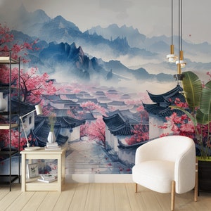 Chinese Village Mountains Wallpaper, Landscape Cherry Blossoms, Japanese Garden with Birds and Trees, Chinoiserie Asian Art Wallpaper