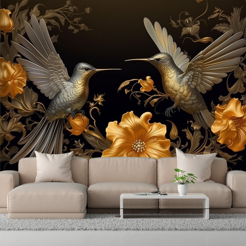 3D Vogel-Tapete: Kolibri-Wandbild Gold-Blumen-Poster Einfach anzubringende Luxus-Tapete Bild 4