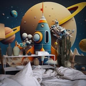 Space Rocket and Planets Art Wallpaper for Kids and Nursery Room, Space Landscape Wallpaper, Peel Stick  Nonwoven and Vinyl