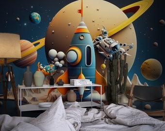 Space Rocket and Planets Art Wallpaper for Kids and Nursery Room, Space Landscape Wallpaper, Peel Stick  Nonwoven and Vinyl