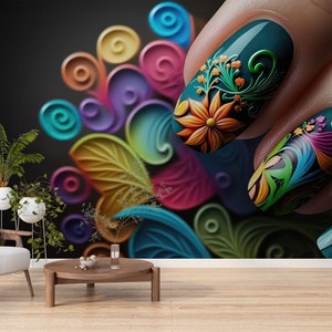 Floral Nail Art Salon Wallpaper, Make-up Studio Art, Hairdresser Wall Decor, Nail Salon Decor, Hair Salon Wall Art, Beauty Parlour Decals