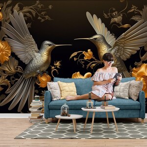 3D Vogel-Tapete: Kolibri-Wandbild Gold-Blumen-Poster Einfach anzubringende Luxus-Tapete Bild 5