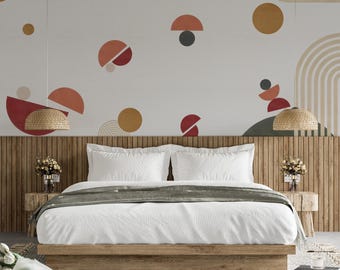 Boho Geometric Shapes Wallpaper, Minimalist Contemporary Wall Mural, Retro Style Colorful Wall Decal, Artistic Abstract Beige Wall Decor