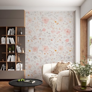 Pastel Pink Floral Wallpaper, Soft Flowers Wall Mural, Minimalist Blossom Wall Decal, Vintage Beige Wall Covering, Color Customizable