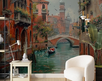 Puede incluir: Una pintura de un canal en Venecia, Italia. El canal está bordeado de edificios coloridos y un puente cruza el agua. Una góndola flota en el canal.