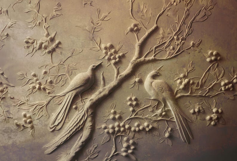 Buy Reflective Gold Wallpaper, Tree and Birds Embossed Look Wall Mural