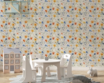Fondo de pantalla de flores silvestres de primavera, mural de pared floral rojo amarillo azul, mural de flores de margarita coloridas de acuarela, fondo de pantalla de sala de estar y dormitorio