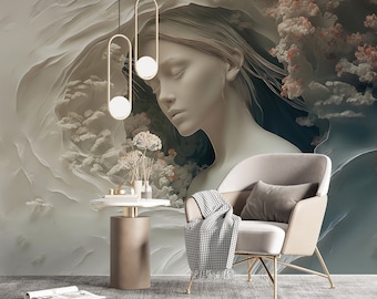 3D Illusion Woman Wallpaper, Realistic Mural Art Wallpaper, Art Wall Mural, Woman Face Peel and Stick, Self Adhesive Removable Wall Art