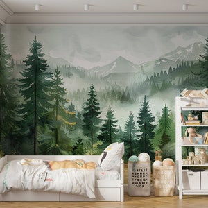 Carta da parati con albero di pino della foresta pluviale, decorazione per cameretta dei bambini con giungla ad acquerello, murale per cameretta dei bambini con foresta ad acquerello