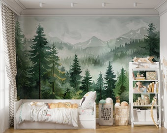 Rainforest Pine Tree Wallpaper, Watercolor Jungle Nursery and Kids Room Decoration, Watercolor Forest Nursery Wall Mural