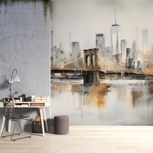 Landscape Wallpaper, Brooklyn Bridge Watercolor Art Mural Decor for Home & Office Wall, Peel Stick and One Piece, View Wallpaper image 6