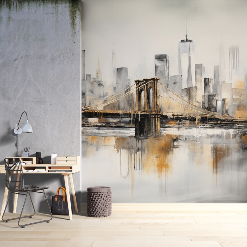 Landscape Wallpaper, Brooklyn Bridge Watercolor Art Mural Decor for Home & Office Wall, Peel Stick and One Piece, View Wallpaper image 6